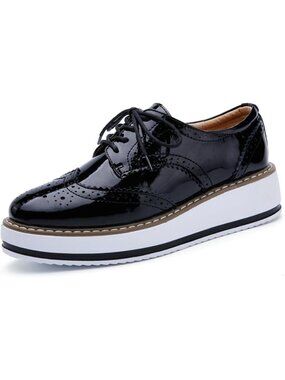 Women's Black Leather Stylish Platform Lace-Up Wingtips Square Toe Oxfords Shoe